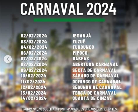 carnaval 2024 data calendário